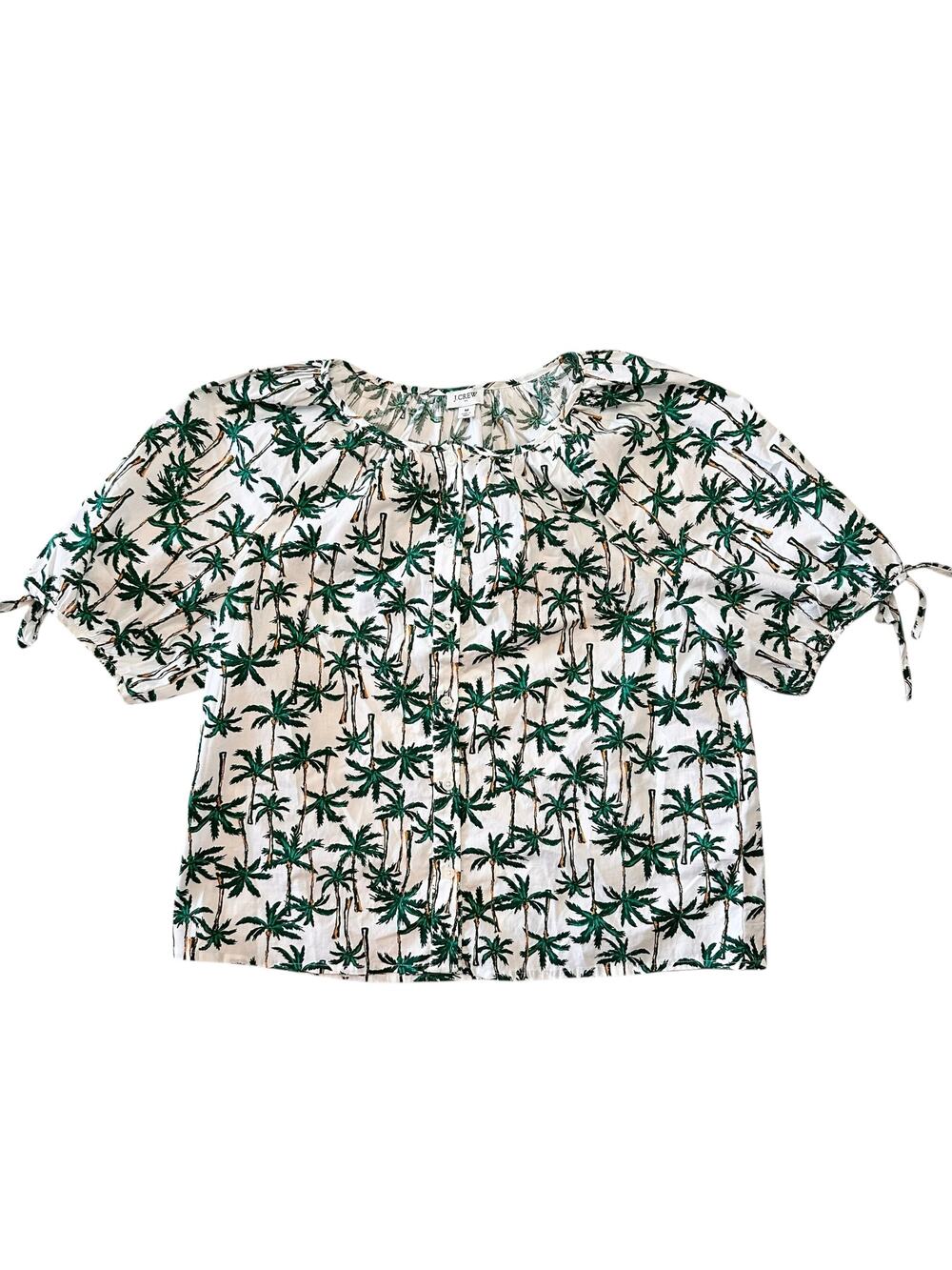 J CREW Palm Trees Tropical Printed Cotton Button Down Puff Sleeve Top Sz Medium